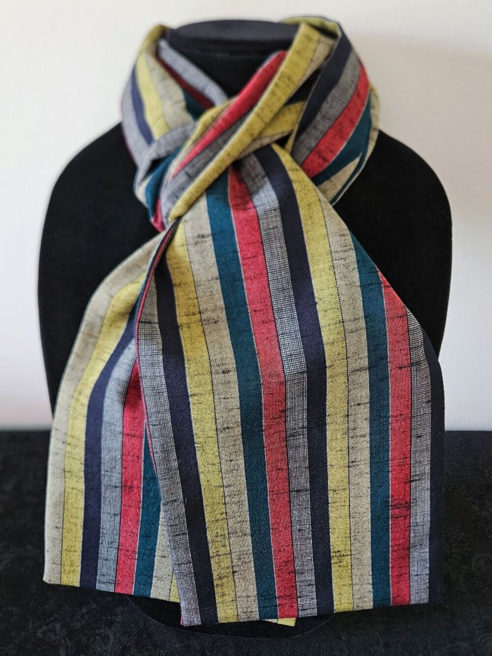 Japanese Kimono Scarf S5843 - Black, Red and Green Tea Striped Wool Blend